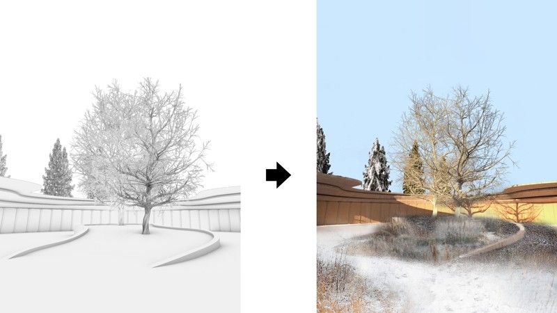architectural visualization of a 3d model to a 3d architectural rendering