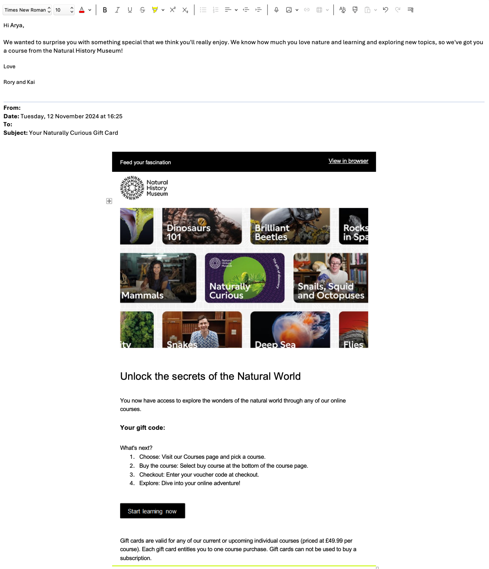 Screenshot of an example of forwarding the email to reciepient