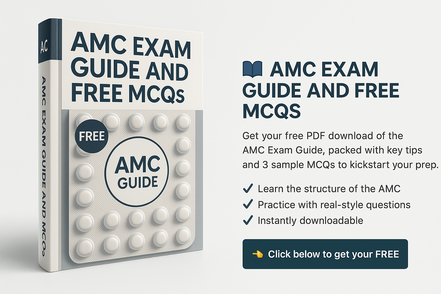 AMC Exam Guide and Free MCQs promotional image with downloadable PDF offer