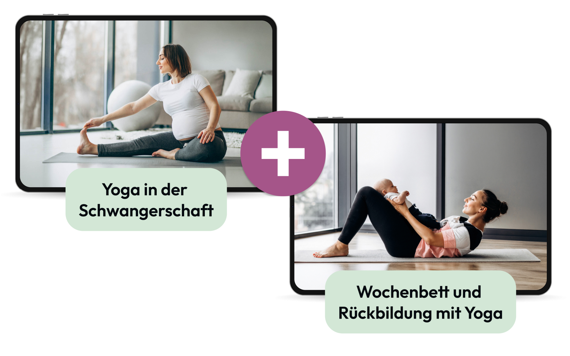 Zwei Tablets mit den Kursen 'Yoga in der Schwangerschaft' und 'Wochenbett und Rückbildung mit Yoga' verbunden mit einem Plus