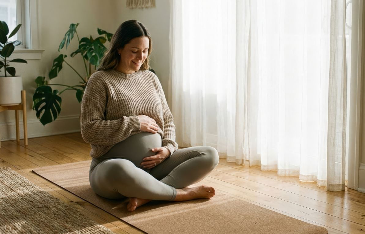 Schwangere Frau h&auml;lt ihren Bauch und sitzt im Schneidersitz auf einer Yogamatte