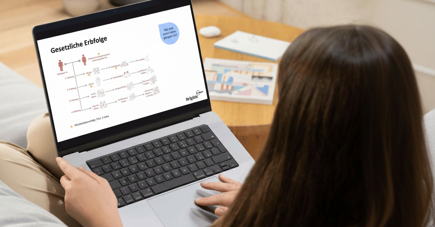 Aufgeklatpter Laptop mit Präsentation "Gesetzliche Erbfolge"