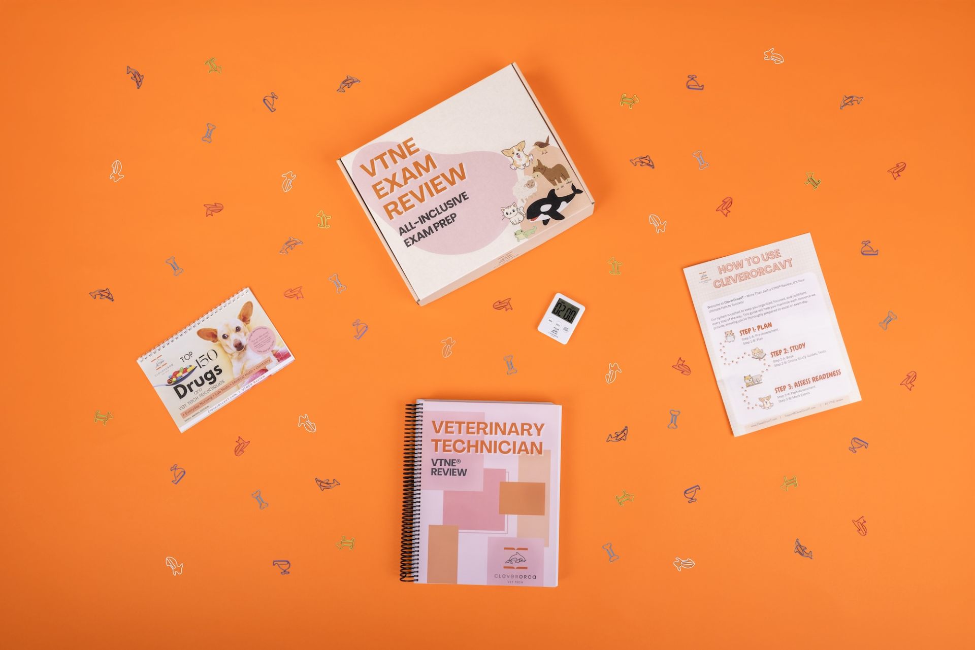 A split image showcasing VTNE exam preparation materials. On the left, an overhead flat-lay on an orange background displays a boxed VTNE Exam Review: All-Inclusive Exam Prep, a spiral-bound Veterinary Technician VTNE® Review book, and a small digital timer, emphasizing structured study tools and time management for exam preparation. On the right, a smiling woman holds the spiral-bound Veterinary Technician VTNE® Review book upright toward the camera, highlighting the physical workbook used for studying. Together, the image illustrates both the complete study system and a real student experience, reinforcing hands-on learning, organization, and exam-focused preparation.