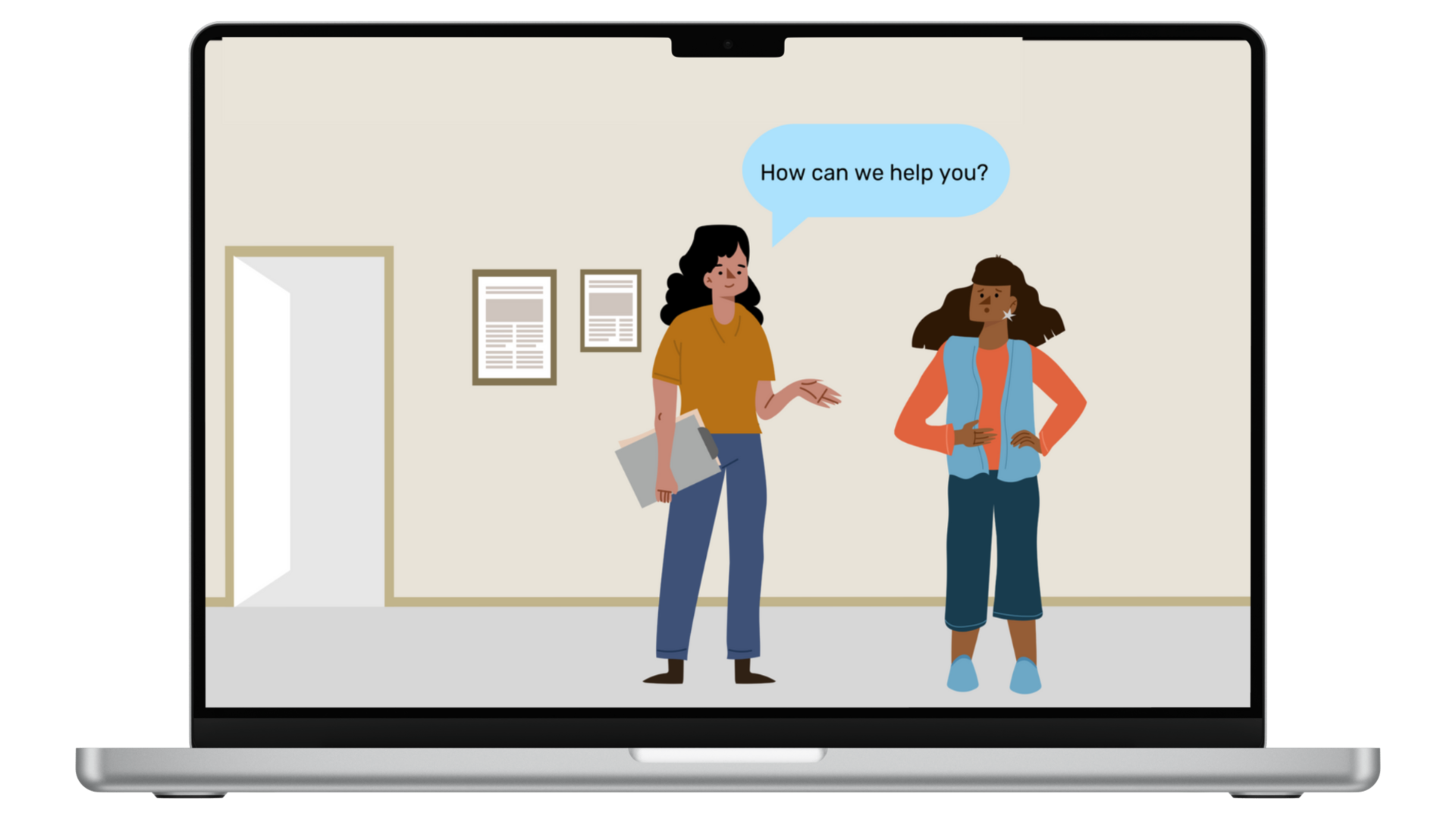 A laptop with an illustration on the screen showing two people of colour speaking to each other. The one on the left is asking, "How can we help you?" to the person on the right, who is holding her hand to her abdomen.