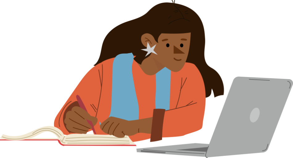 An illustration of a woman with dark brown hair, brown skin and wearing earrings, and orange top and light blue vest, writing in a book while studying on her laptop.