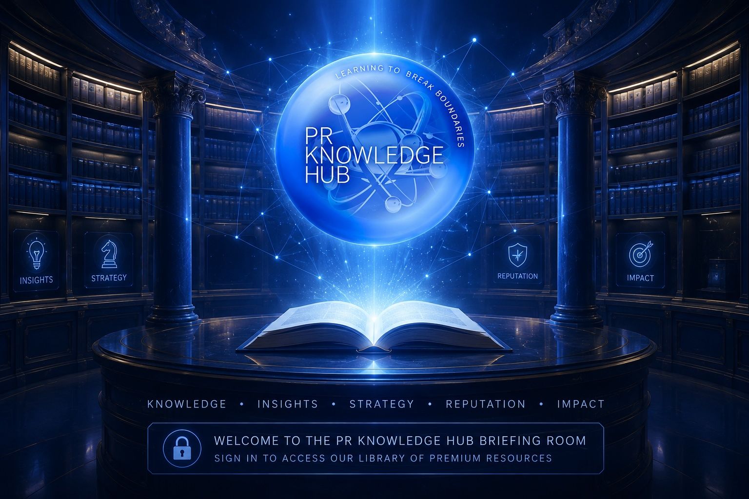     PR Knowledge Hub Briefing Room image showing a glowing book and logo in a modern digital library setting.