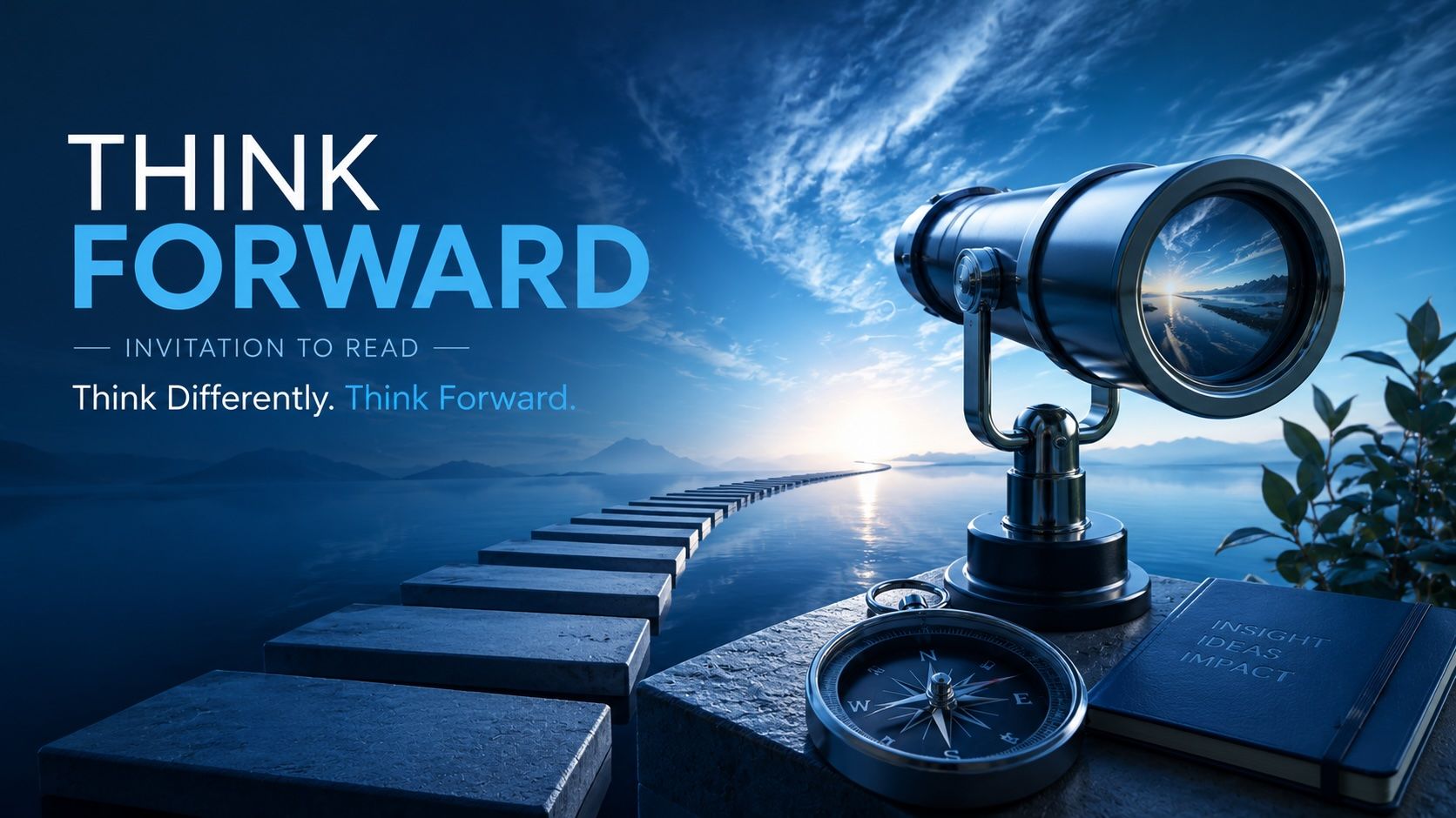 Alt text: Blue-toned 3D cover image for PR Knowledge Hub’s Think Forward blog, showing a telescope, compass and notebook beside stepping stones stretching across calm water towards a bright horizon, symbolising reflection, fresh thinking and future-focused professional learning.
