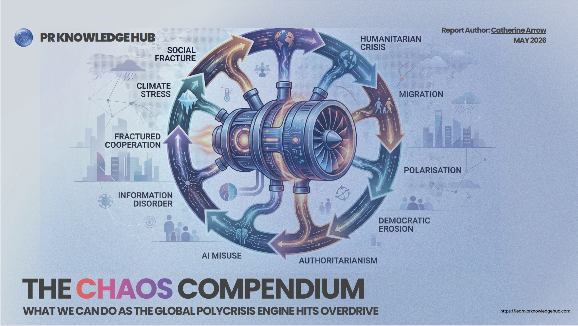 PR Knowledge Hub Chaos Compendium report cover showing the polycrisis engine driving interconnected stresses and strains across the world.