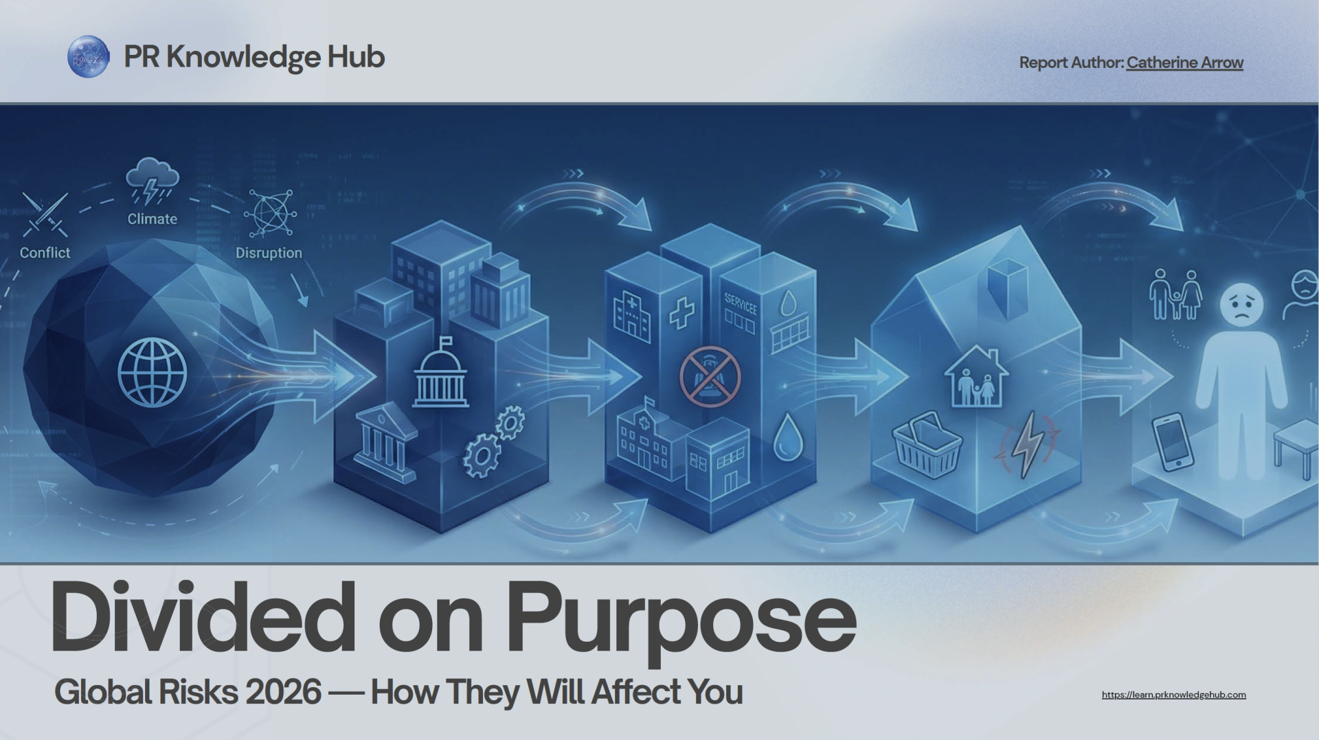     PR Knowledge Hub Divided on Purpose report cover showing global risks in 2026 affecting the world, home, work and individuals.