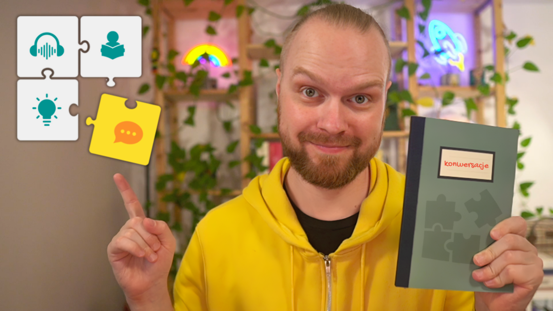Norbert, wearing a yellow hoodie, smiles while holding a book titled 'Konwersacje' and pointing towards a set of puzzle icons representing different aspects of language learning. The background features a warmly lit room with plants and neon decorations.