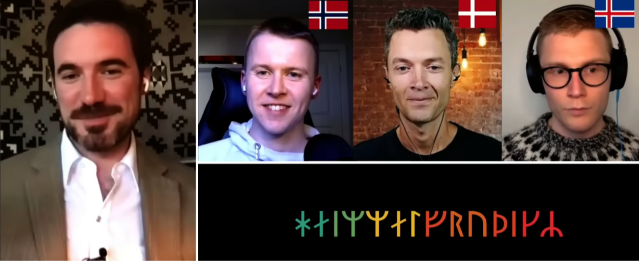 Screenshot from a YouTube video featuring four men in a virtual panel. From left to right: a man in a tan blazer with a patterned wall behind him, a smiling man with a Norwegian flag above him, a man with a Danish flag, and a man in glasses and a traditional Icelandic sweater with an Icelandic flag. Below them is stylized Old Norse runic text spelling “Ecolinguist” in colorful runes.