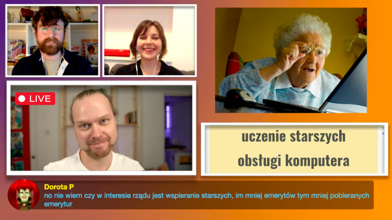 Screenshot from a live Polish-language stream titled 'uczenie starszych obsługi komputera' (teaching older adults to use a computer). Norbert, reacting with an amused, skeptical expression, appears below a viewer comment that reads: 'I don’t know if it’s in the government’s interest to support the elderly—the fewer retirees, the fewer pensions to pay', adding a layer of dark humor to the discussion. Also shown are two smiling guests and a stock photo of a confused elderly woman using a laptop.