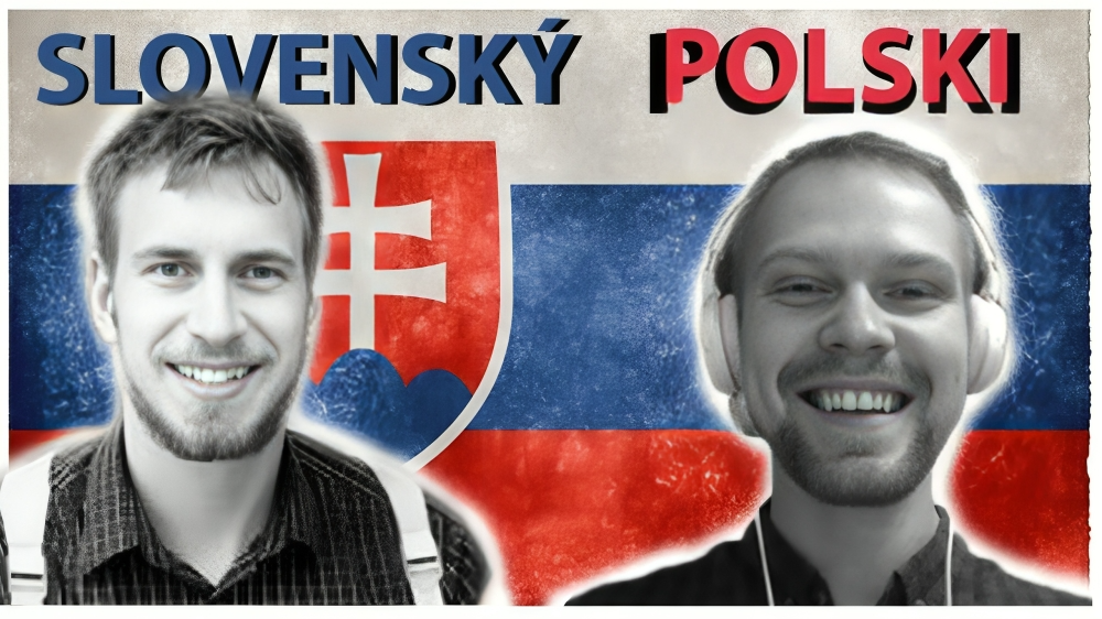 Thumbnail image for the first mutual intelligibility experiment featuring Ladan and Norbert. Ladan is on the left in front of the Slovak flag under the word 'SLOVENSKÝ,' and Norbert is on the right with headphones, smiling in front of the Polish flag under the word 'POLSKI.'