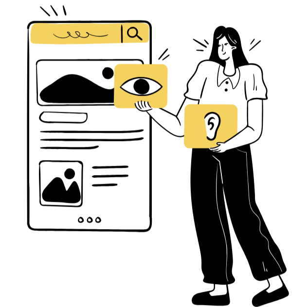 Stylized illustration of one person standing in front of a webpage layout, holding an eye icon and an ear icon—representing user contributions to the platform through visual and audio content.