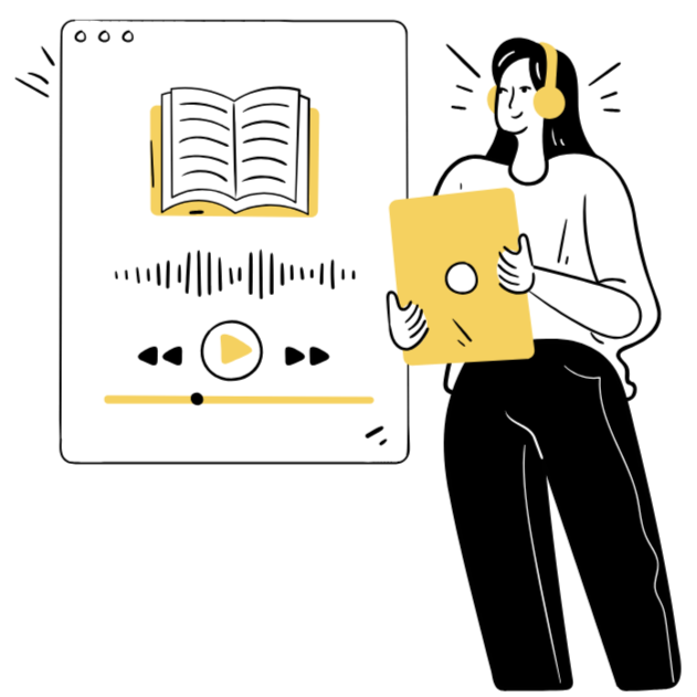 Stylized illustration of a person wearing headphones and holding a tablet, standing beside an audiobook interface with a play button, sound waves, and an open book icon—representing listening to reading content.