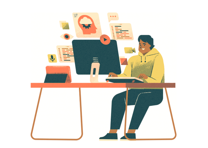Illustration of a person sitting at a desk with multiple computer screens, surrounded by floating icons representing communication and online learning. The setup suggests an immersive digital environment for language practice and engagement.