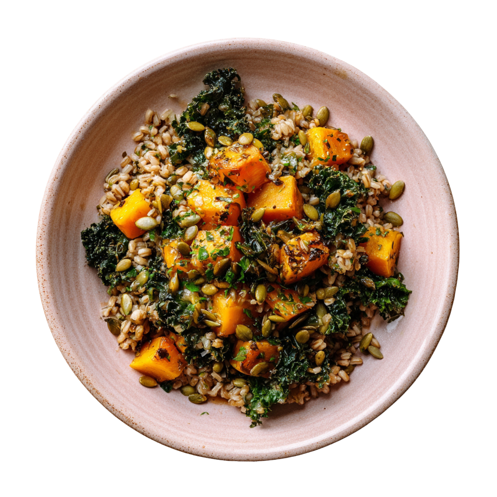 vegan thanksgiving dish of farrow, kale and butternut squash