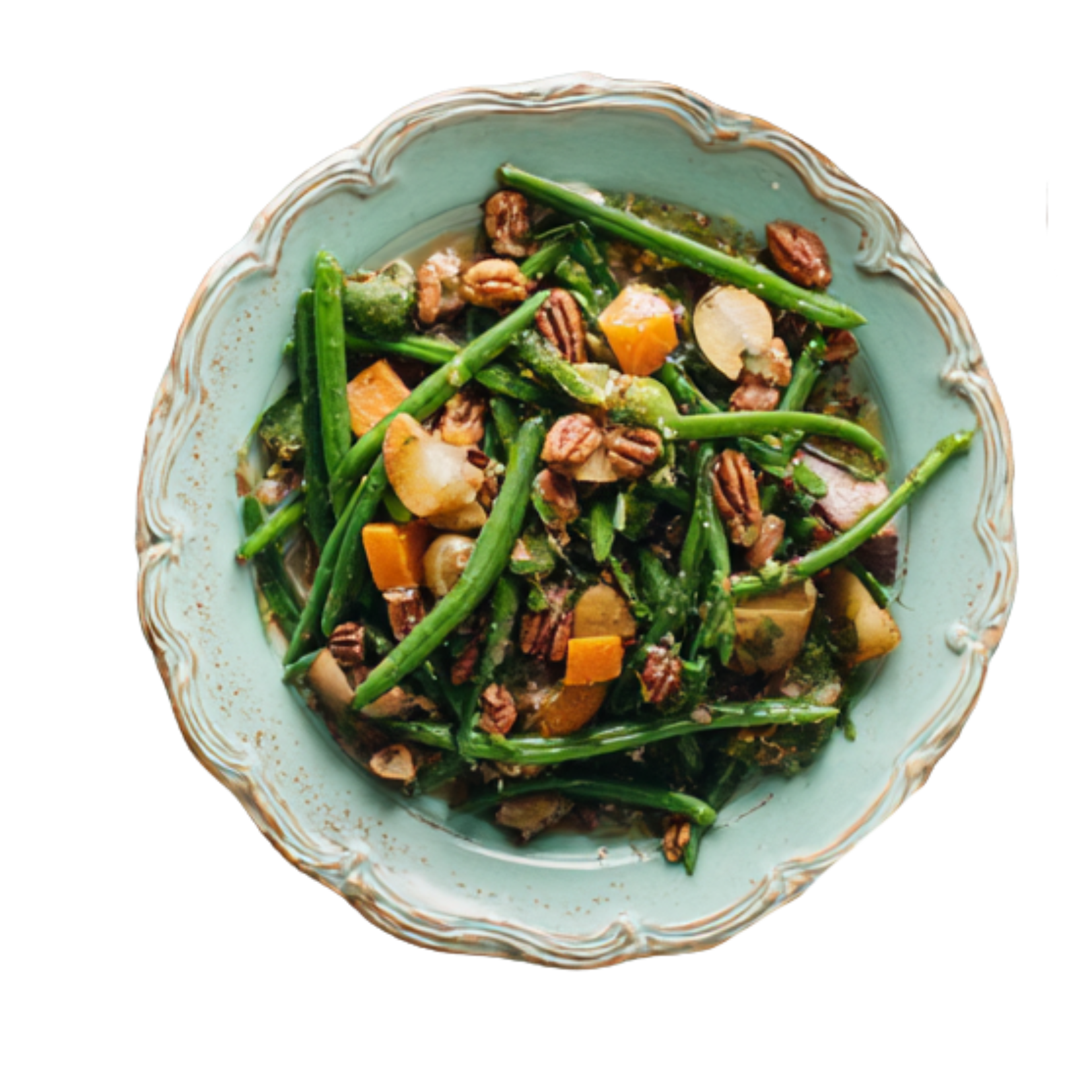 vegan thanksgiving dish of green beans and nuts
