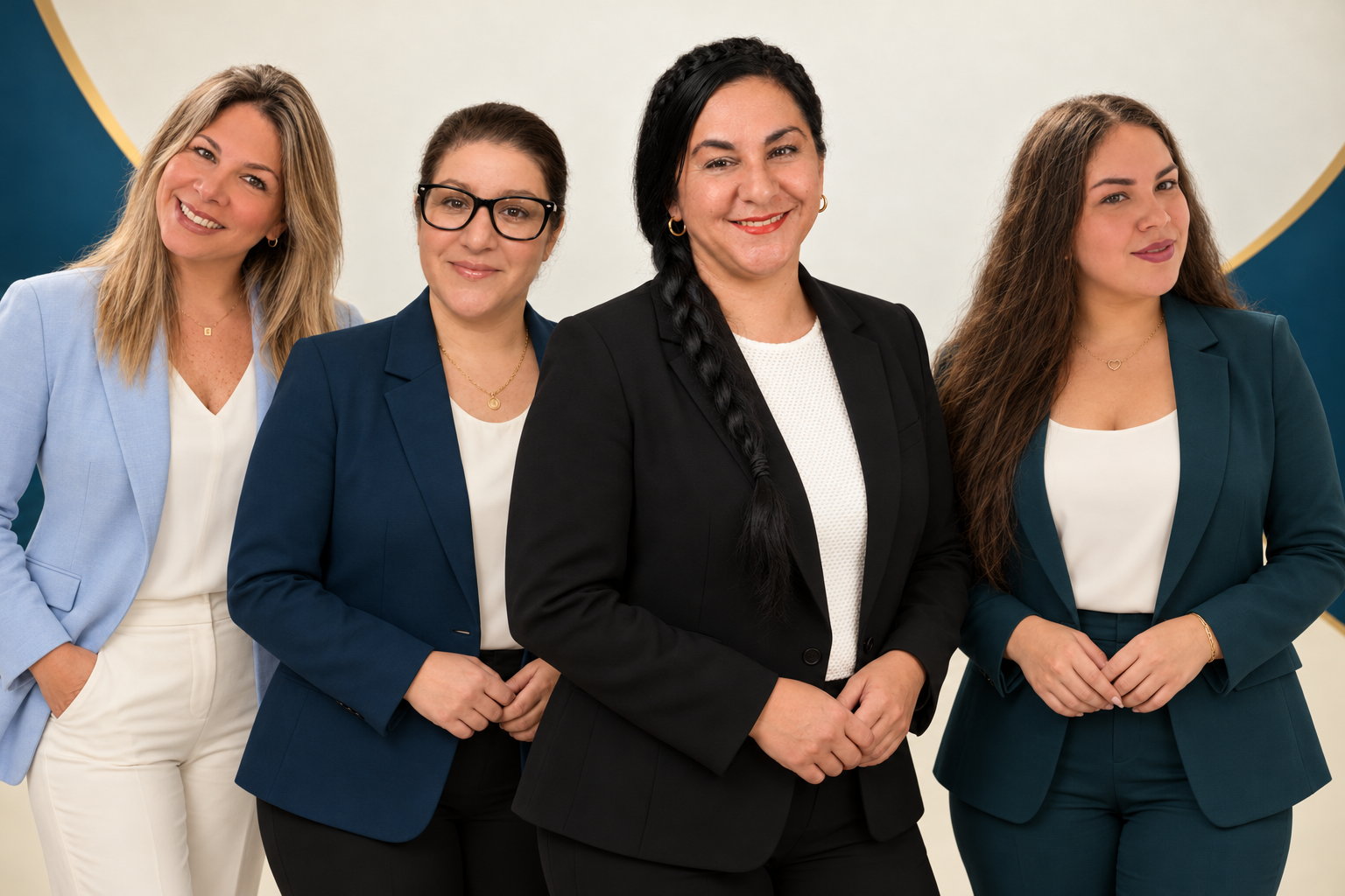 AI-created professional portrait of Maria Emilia, Rosa, Dunia, and Lolita, from left to right, with Dunia as the central focus