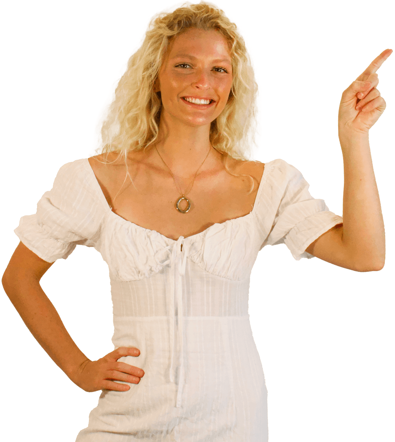 Lotus standing with hand on hip and pointing towards phone while smiling