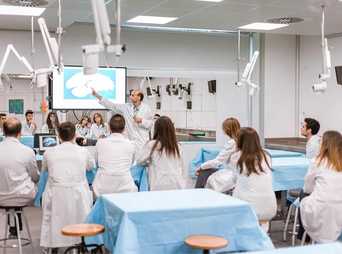 Profesor explicando anatomía cerebral a un grupo de estudiantes en un laboratorio, todos con batas blancas y atentos a una pantalla con una ilustración del cerebro.