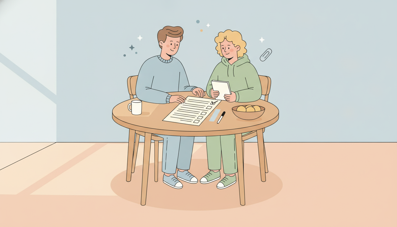 Parent and teen reviewing driver's ed paperwork together at a table