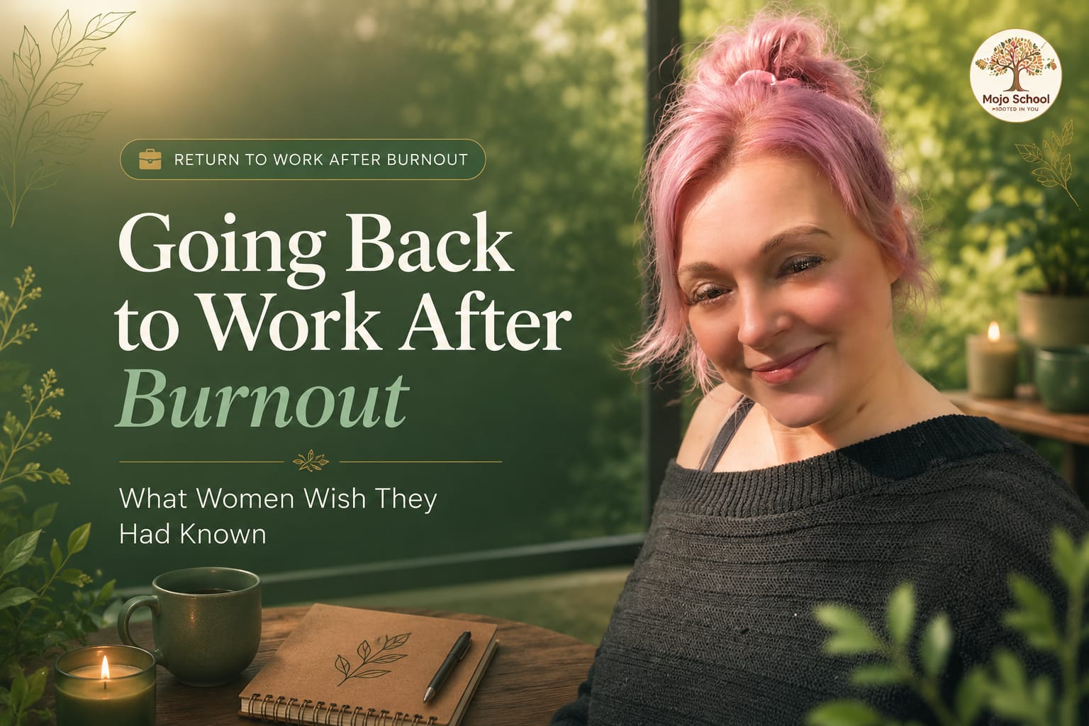 Woman walking confidently into an office building — returning to work after burnout recovery