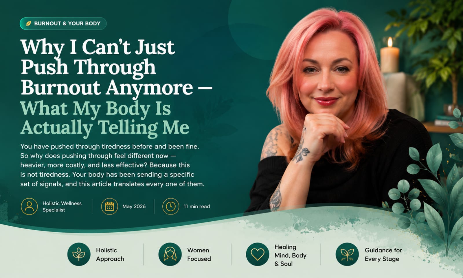 Woman sitting quietly with hand on chest listening to her body — burnout body signals