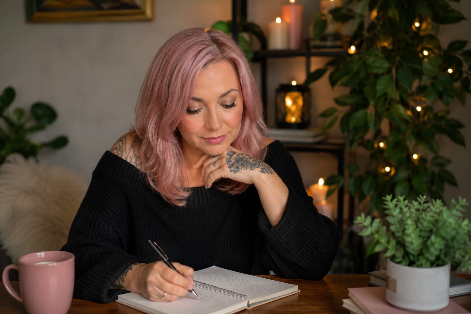 Jane Bellis writing in a journal as part of a calm daily routine