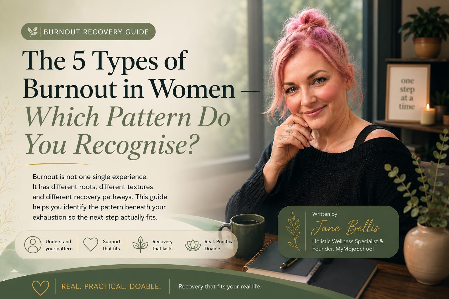 Woman sitting and reflecting with a quietly recognising expression as the different types of burnout begin to make sense