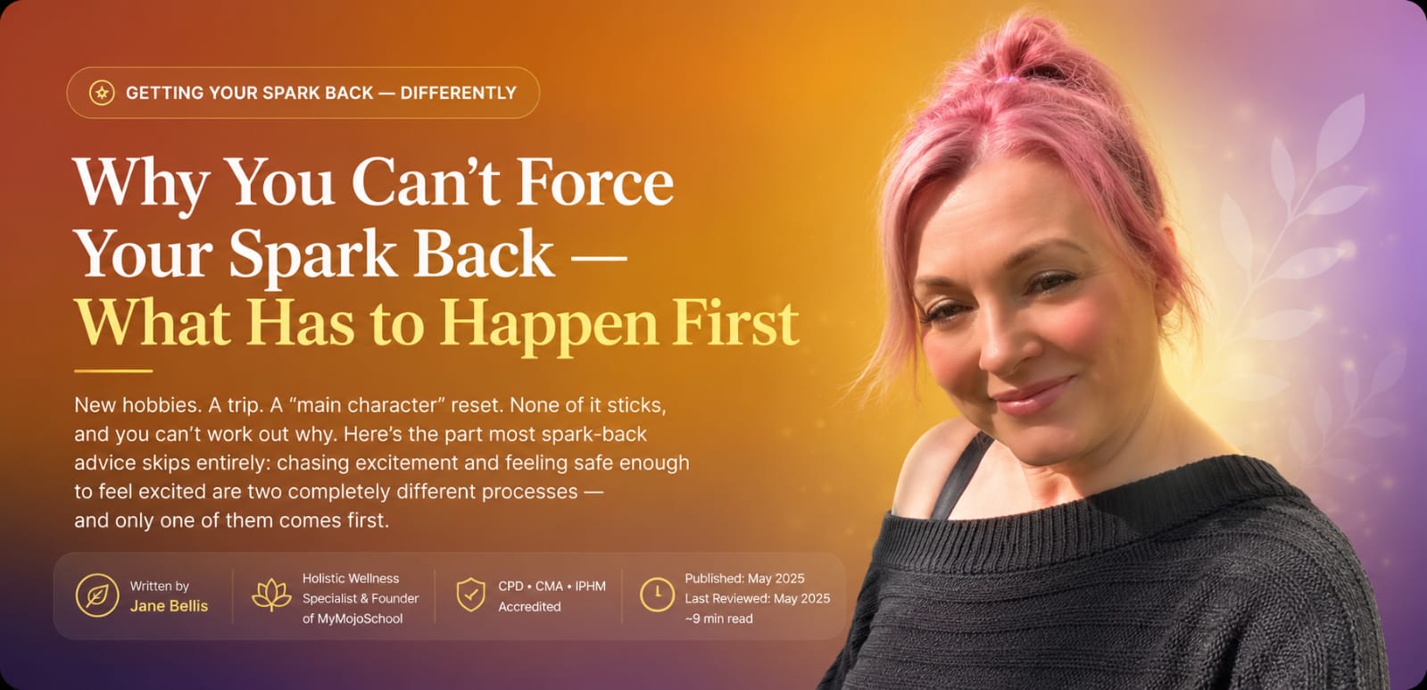 Woman sitting quietly, a small genuine smile, getting her spark back after burnout