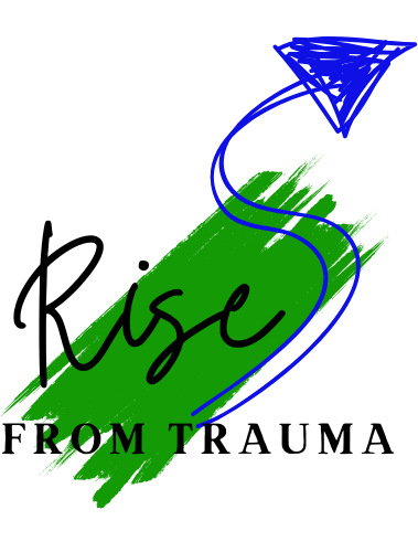 Summit logo. A green brush stroke with "Rise from trauma" written on top of it and a blue arrow moving upwards.