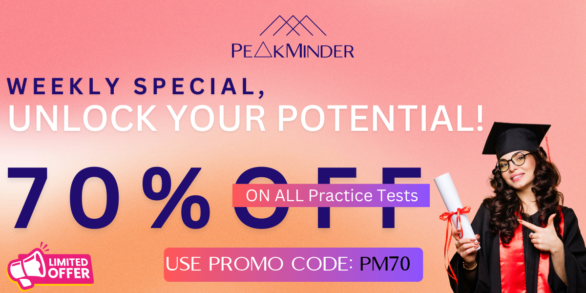 Promotional banner for PeakMinder with a gradient background from light blue to green. The PeakMinder logo is at the top, followed by 'WEEKLY SPECIAL, UNLOCK YOUR POTENTIAL!' in yellow and dark blue text. A large '80% OFF' in yellow is on the left, next to a smiling young woman with blonde hair holding books, suggesting a student. Text to the right reads 'ON ALL Practice Tests' in white with a green outline. A purple button says 'USE PROMO CODE: PM80,' and a yellow 'LIMITED OFFER' badge with a clock icon is in the bottom left.