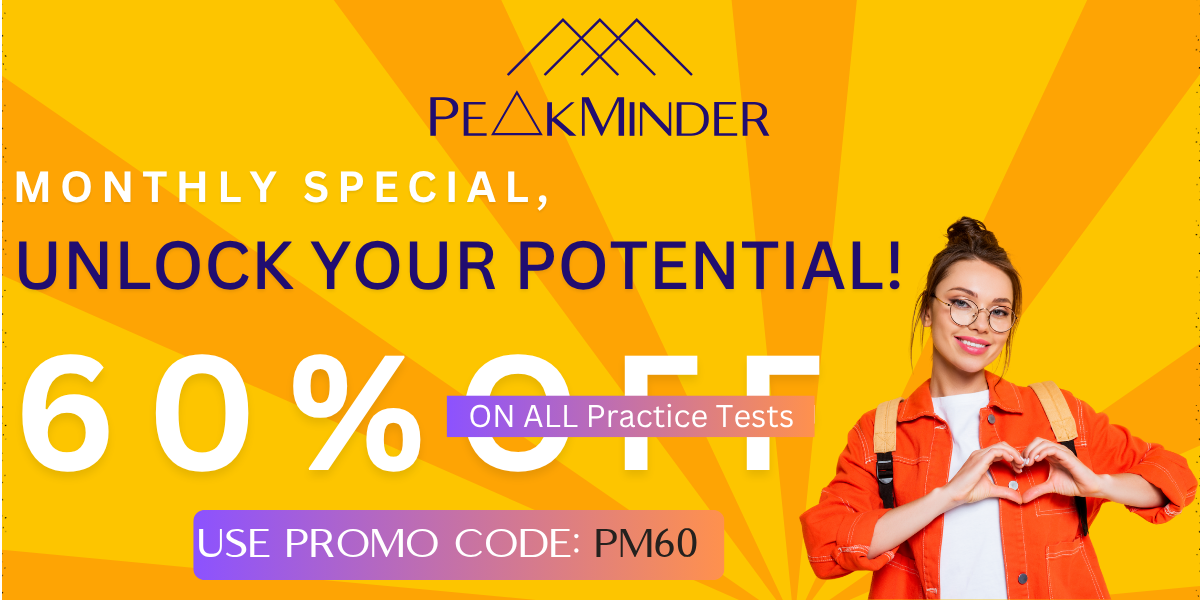 Promotional banner for PeakMinder with a gradient background from light blue to green. The PeakMinder logo is at the top, followed by 'WEEKLY SPECIAL, UNLOCK YOUR POTENTIAL!' in yellow and dark blue text. A large '80% OFF' in yellow is on the left, next to a smiling young woman with blonde hair holding books, suggesting a student. Text to the right reads 'ON ALL Practice Tests' in white with a green outline. A purple button says 'USE PROMO CODE: PM80,' and a yellow 'LIMITED OFFER' badge with a clock icon is in the bottom left.