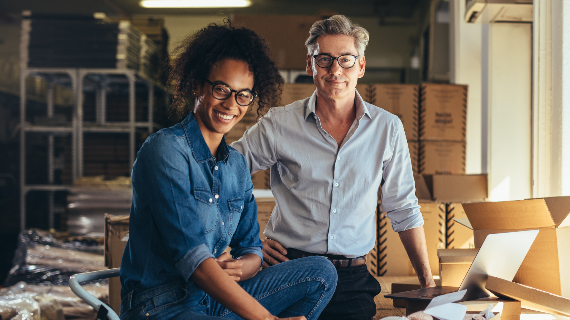 Business partners in the shipping area of their workplace