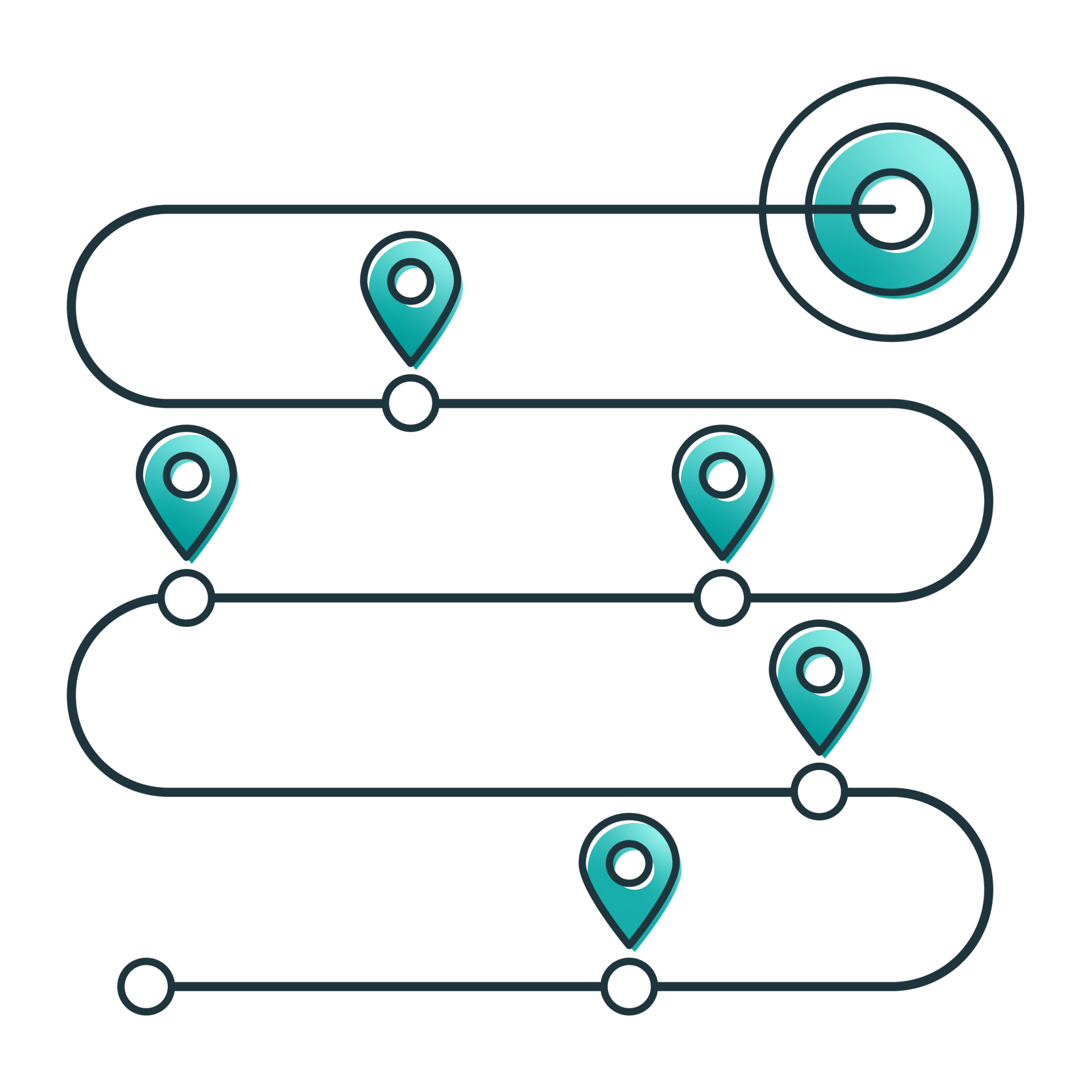 Planned path towards a target with checkpoints along the route
