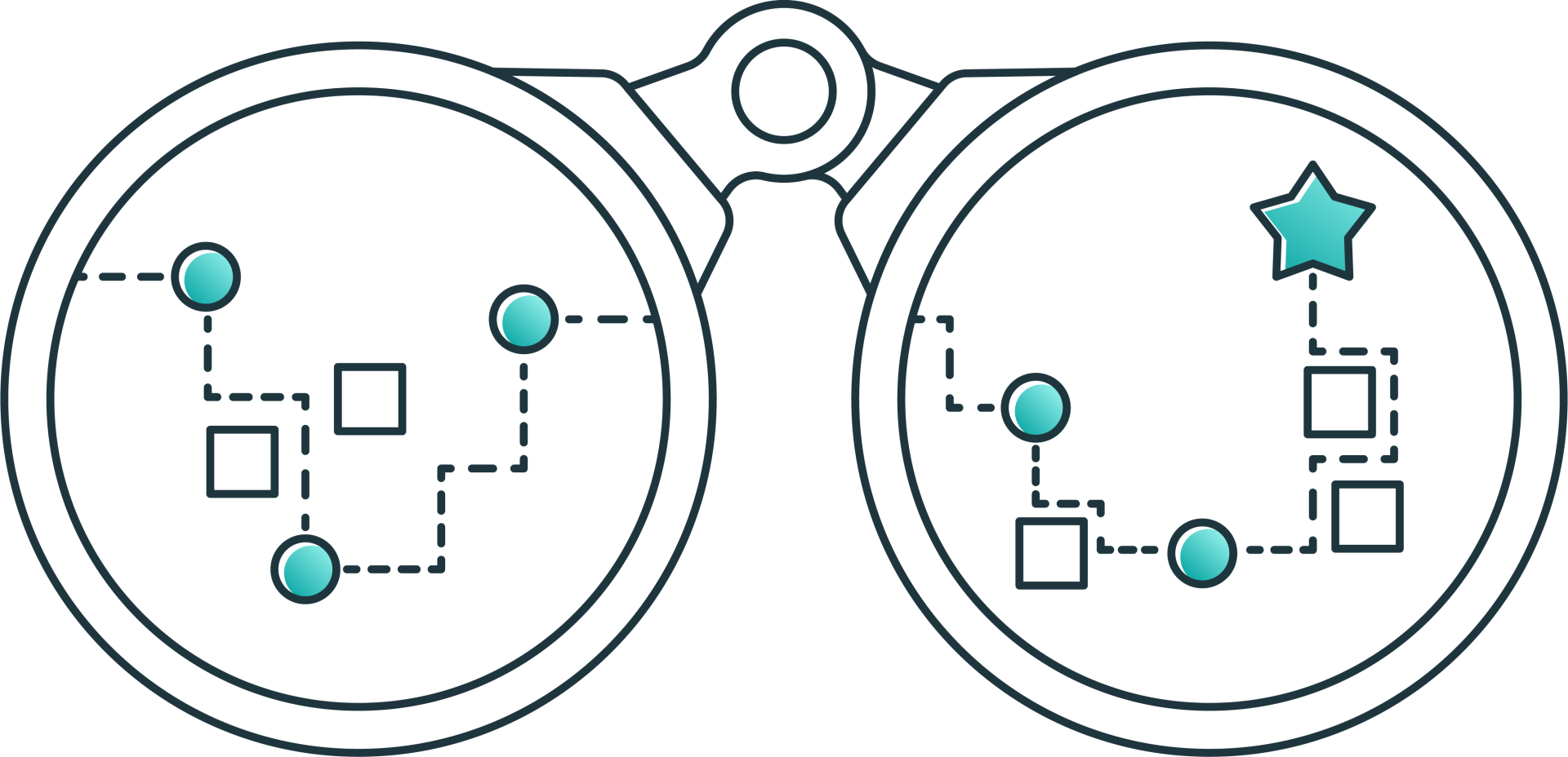 A pair of binoculars with a pathway navigating obstacles towards a goal reflected in the lenses