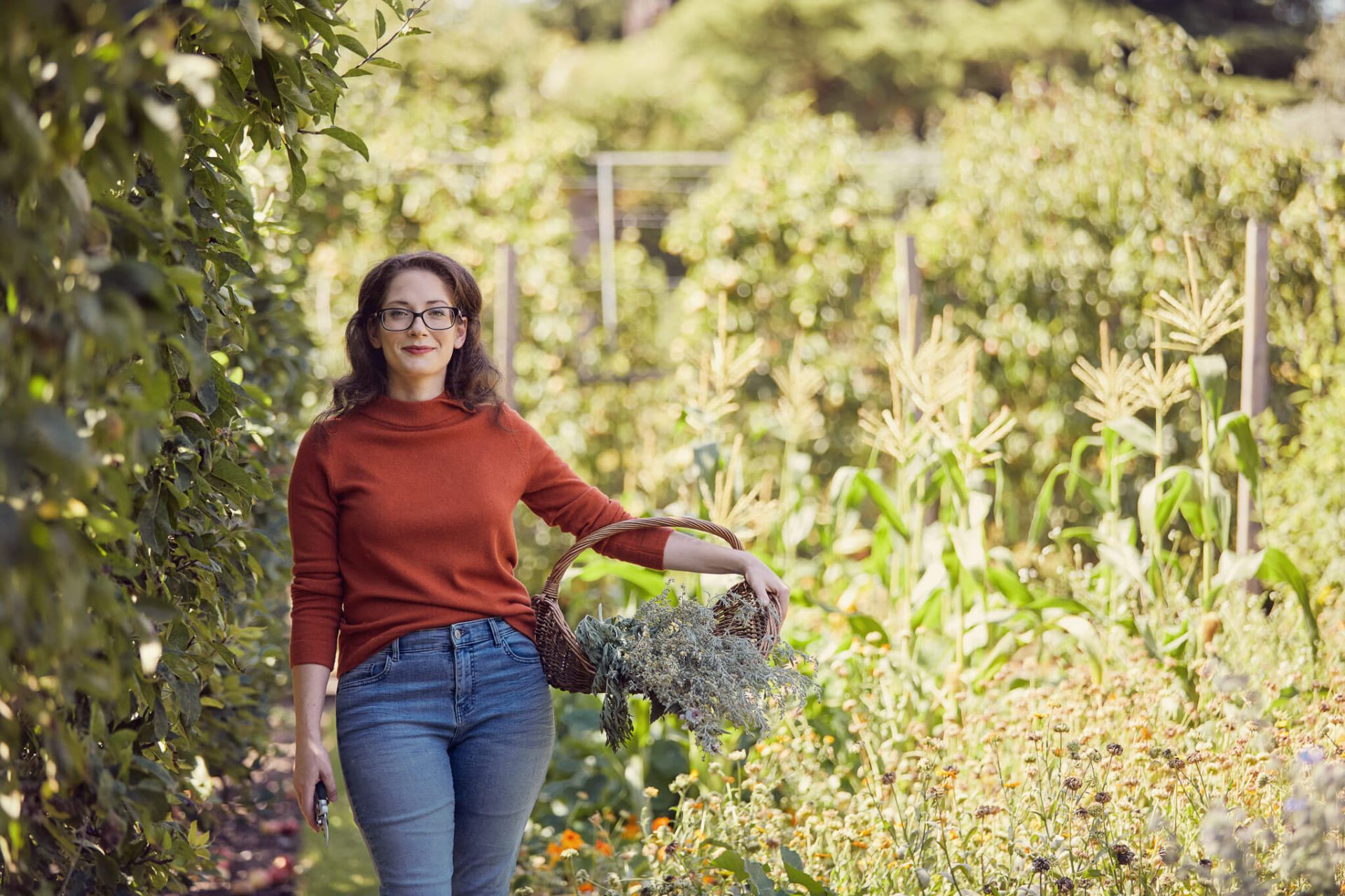 Meghan Rhodes, qualified herbalist in herb garden gathering herbs in basket for her herbalism school