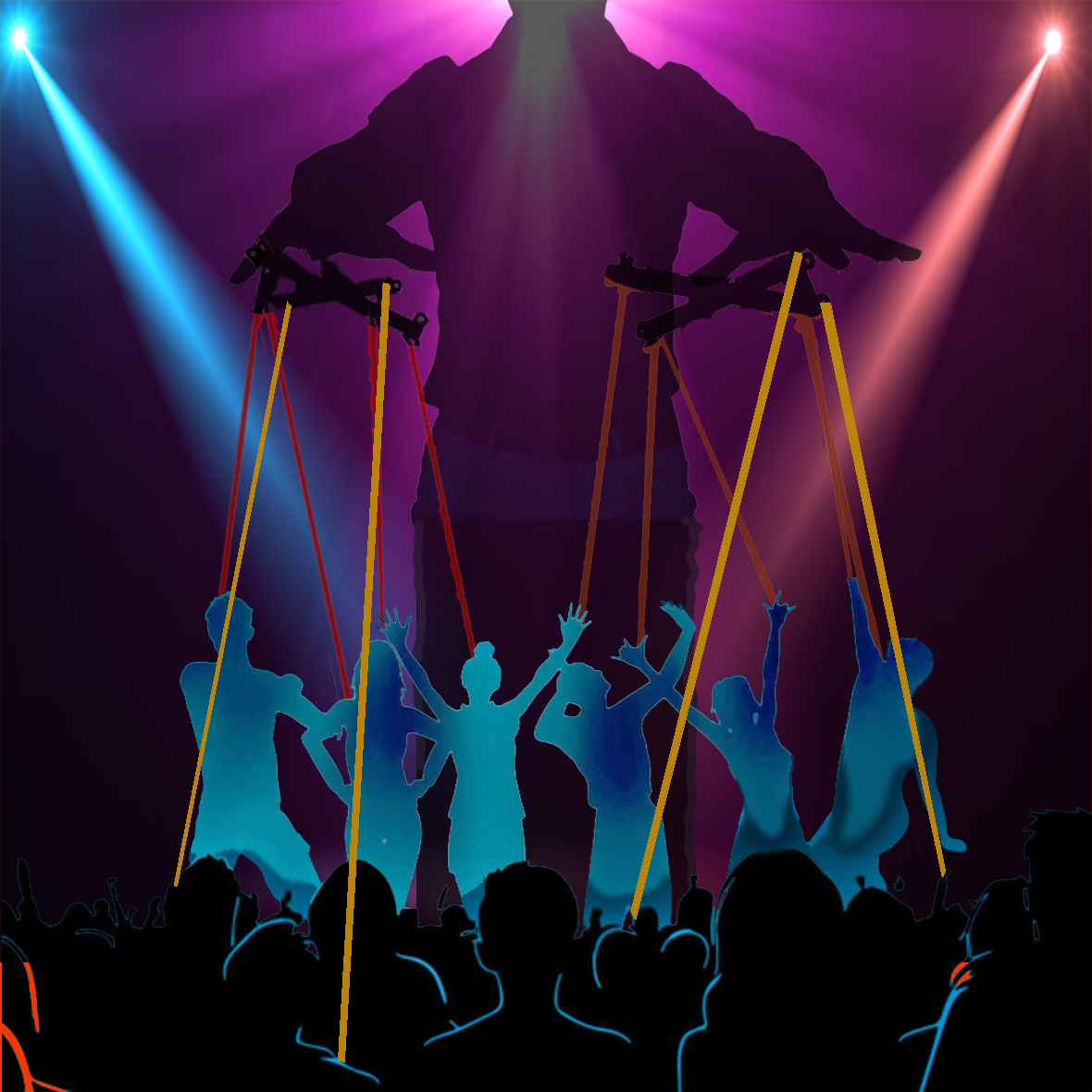 Silhouetted crowd watching puppet-like figures on strings lit by colorful spotlights. A giant shadow towers behind them, creating a dramatic, theatrical scene.