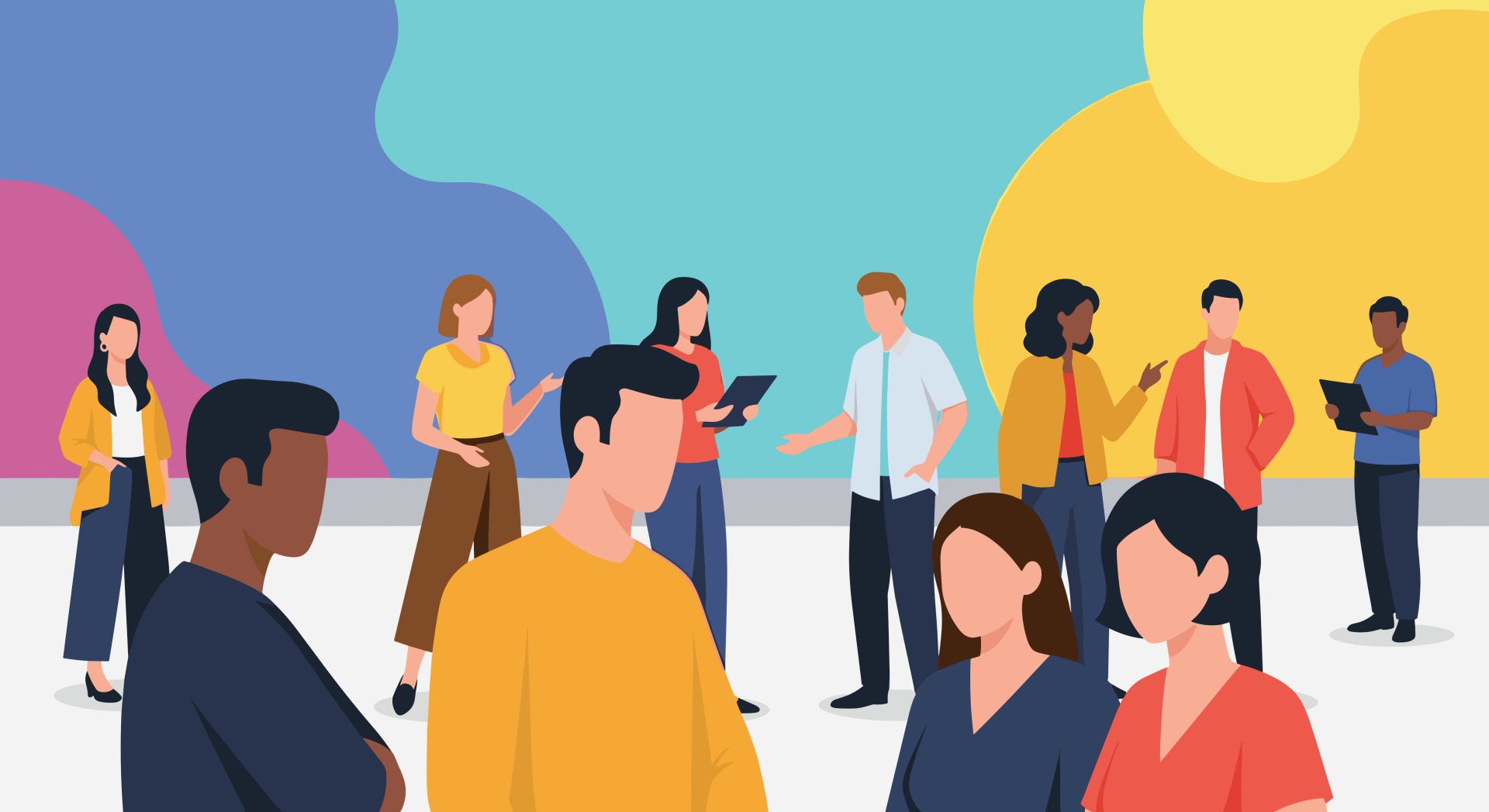 Illustration of a diverse group of people standing and talking in small clusters, representing inclusion and collaboration in a school or workplace setting, with colorful abstract shapes in the background.