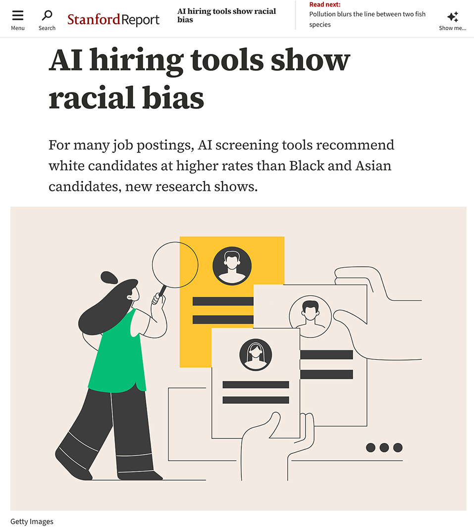 Illustration shows a person using a magnifying glass to examine resumes, highlighting AI bias. Emphasizes selection of candidates with abstract figures.