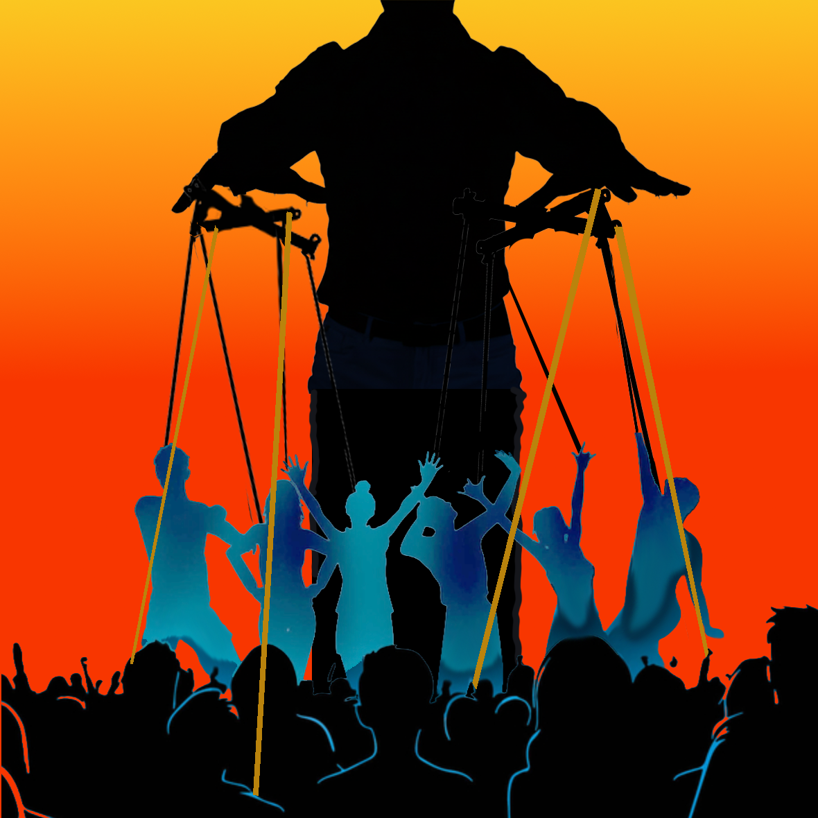 Silhouette of a puppeteer controlling dancing figures on strings against an orange gradient background, conveying a sense of manipulation and control.