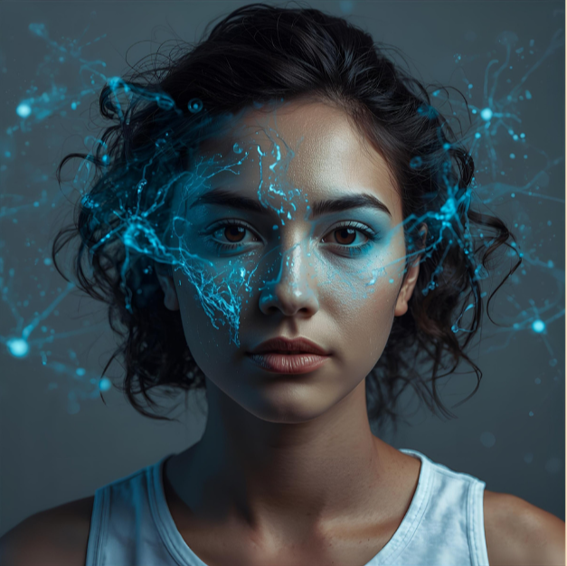 Image of a young women with curly black hair and a network in front of her face. This is an imagining of what the combination of Technology and human represents