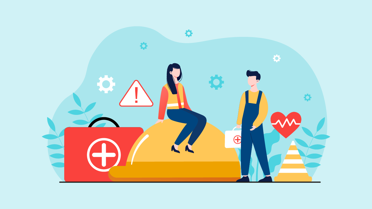 Illustration of safety people with safety tools such as a hard hat, pylon, and first aid kit
