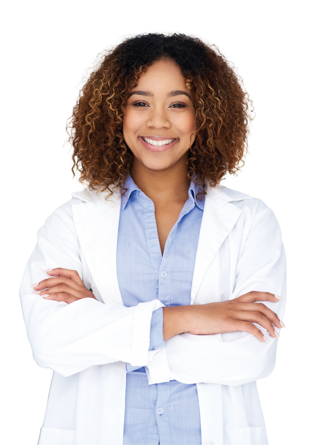 Woman in lab coat smiling with her arms crossed in front of her