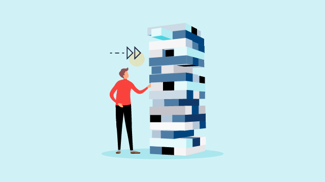 Illustration of man in front of lifesize jenga blocks