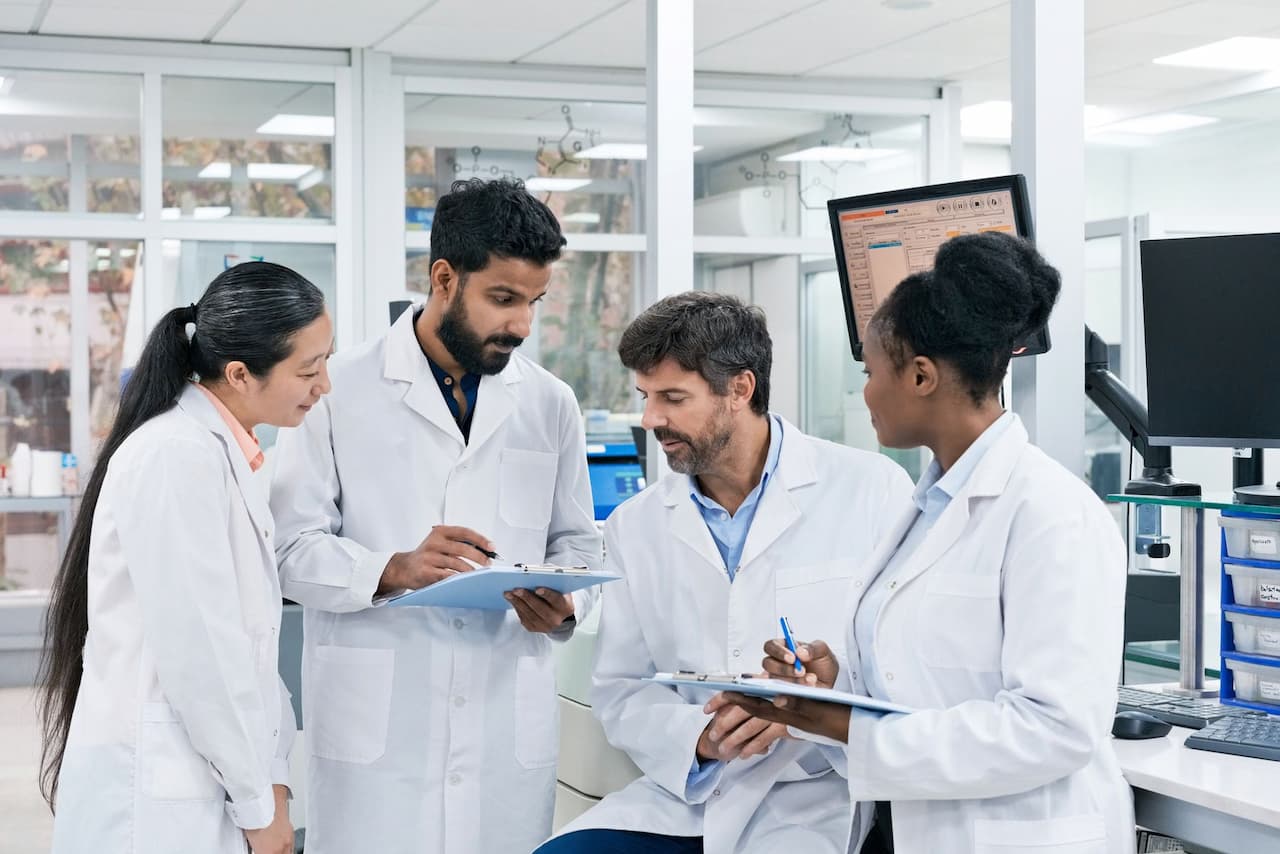 A diverse group of senior lab managements meeting in a lab and taking notes on clipboards