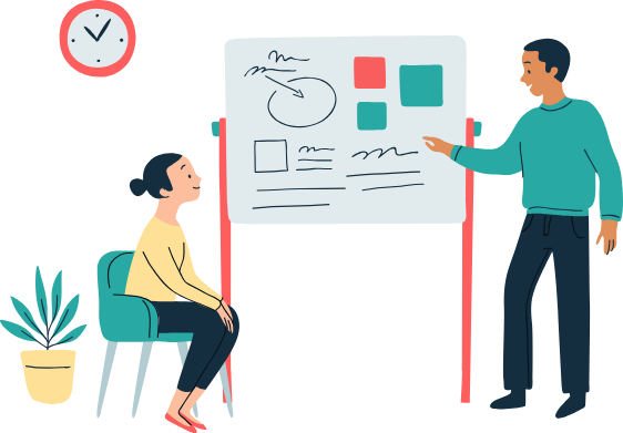 Sketch showing a trainer delivering information on a board and a learner sat down listening