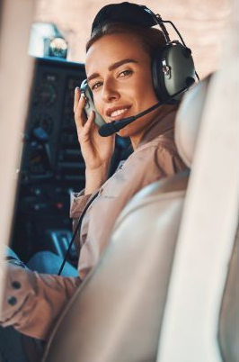 Female student in an American flight school aircraft in Florida