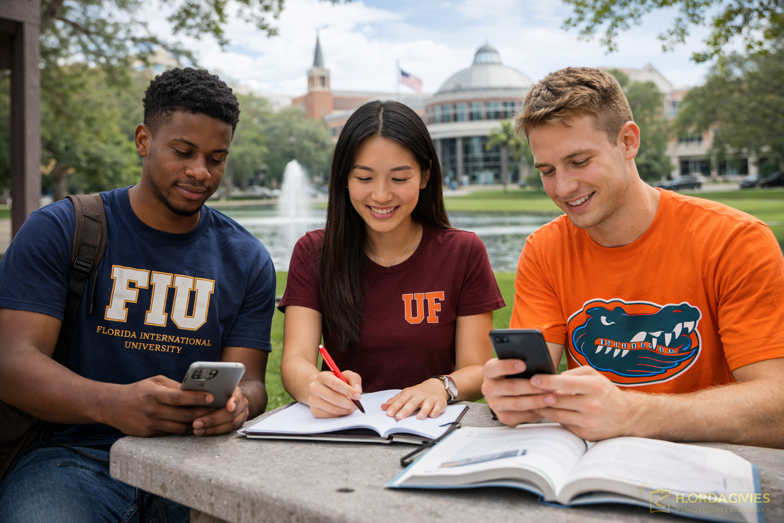 Florida college students from FIU, UF, and other schools studying together for the FCLE on campus